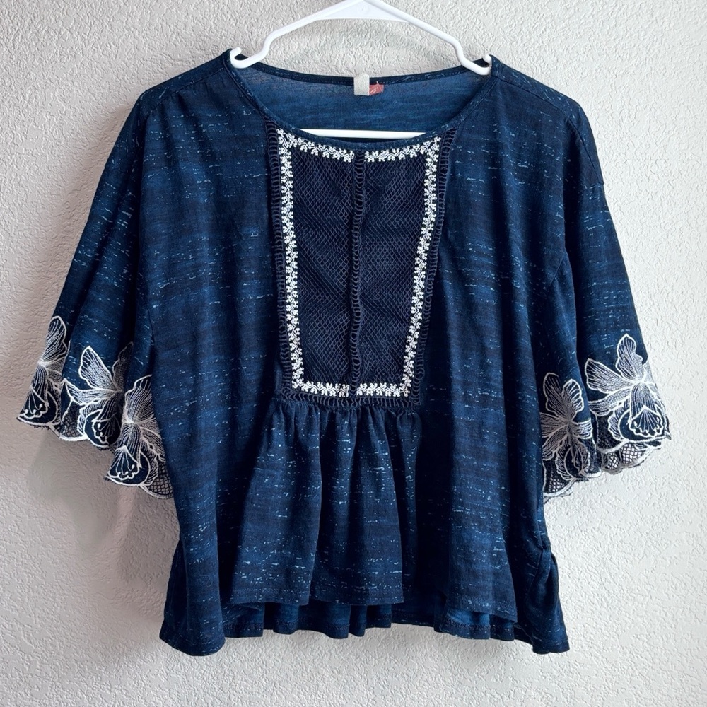 Anthropologie Pilcro Navy Embroidered Flutter Sleeve Tee